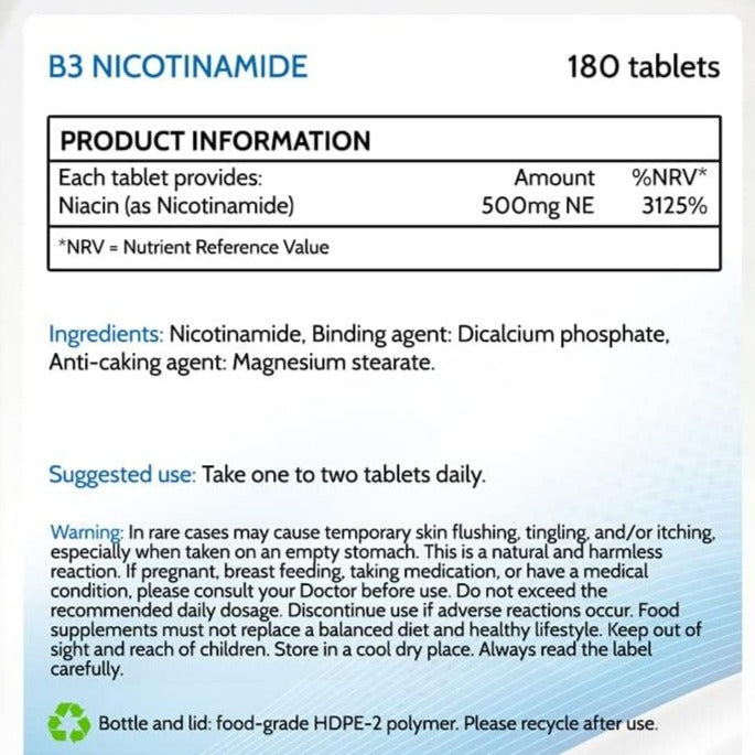 Vitamin B3 (Nicotinamide/Niacinamide) 500Mg 180 Tablets 