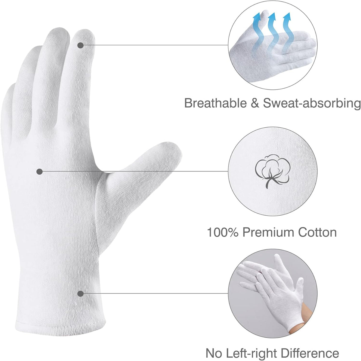 Cotton Gloves, 6 Pairs, Size Large